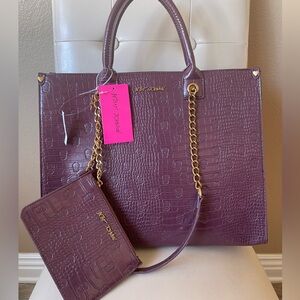 Cherry Betsey Johnson Skull Croc-Embossed Tote Handbag w/Zipper Wallet NEW